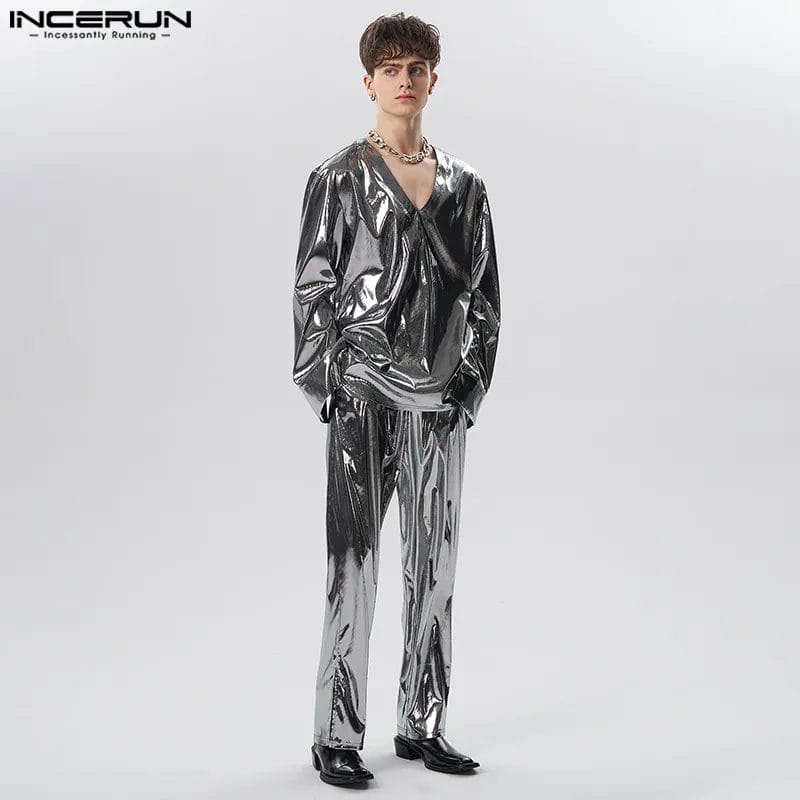 2023 Men Sets Shiny Streetwear V Neck Long Sleeve T Shirt & Pants Two Pieces Sets Loose Party Fashion Men's Suits S-5XL INCERUN 1