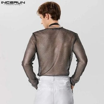 INCERUN 2023 Men Bodysuits Mesh Transparent O-neck Long Sleeve Bodysuit Sexy T Shirts Men Solid Streetwear Fashion Rompers S-5XL 2