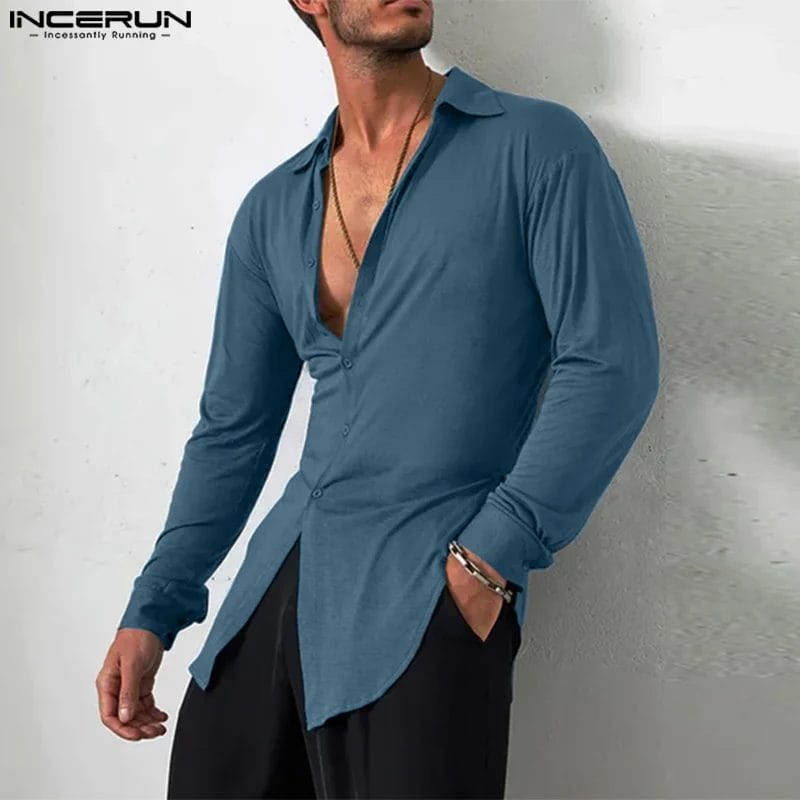 Men Irregular Shirts Solid Color Lapel Long Sleeve Streetwear Leisure Men Clothing Autumn Fashion Casual Camisas S-5XL INCERUN 1