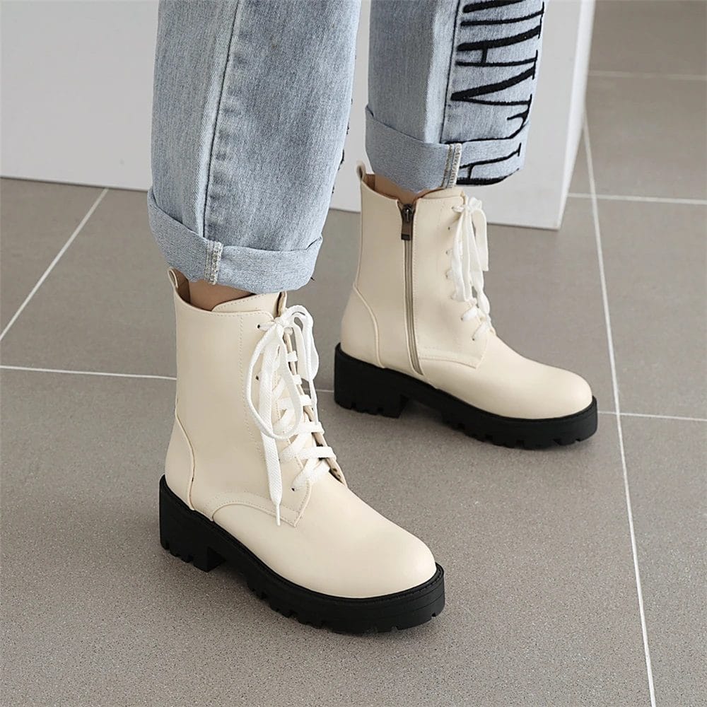 2023 New Woman PU Leather Ankle Boots Lace Up Shoes Woman Short Winter Booties zip Platform Heel Footwear Size 34-43 Punk Boots 1