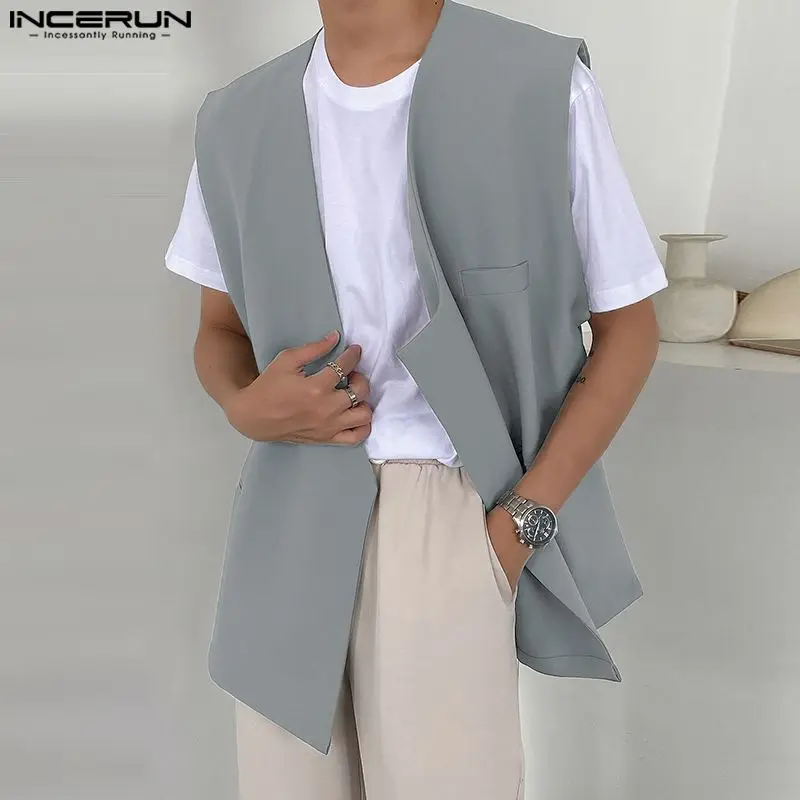 2023 Fashion Men Vests Solid Color Streetwear V Neck Sleeveless Button Waistcoats Men Oversize Male Casual Vests S-5XL INCERUN 1