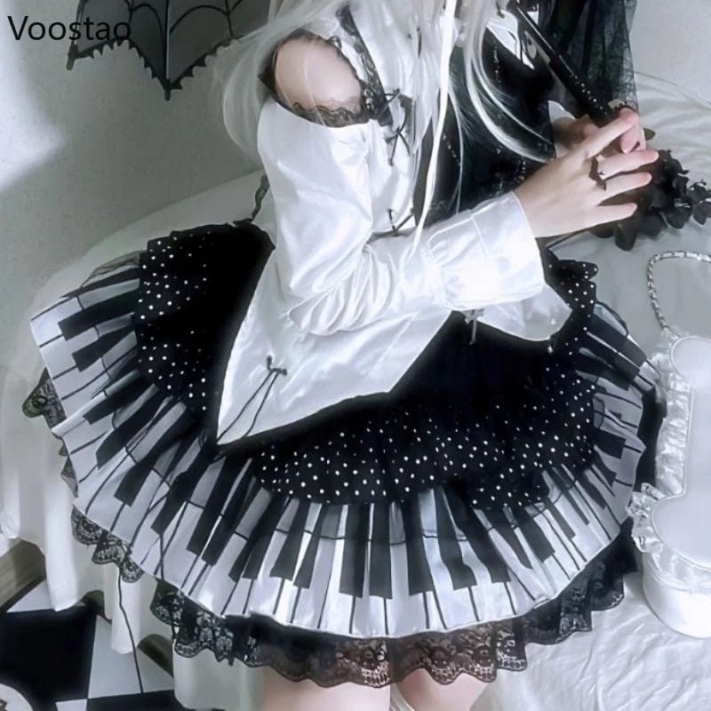 Japanese Harajuku Y2k Lolita Mini Skirt Women Vintage Black White Piano Keys Polka Dot Lace Party Skirts Casual Punk Cute Faldas 1