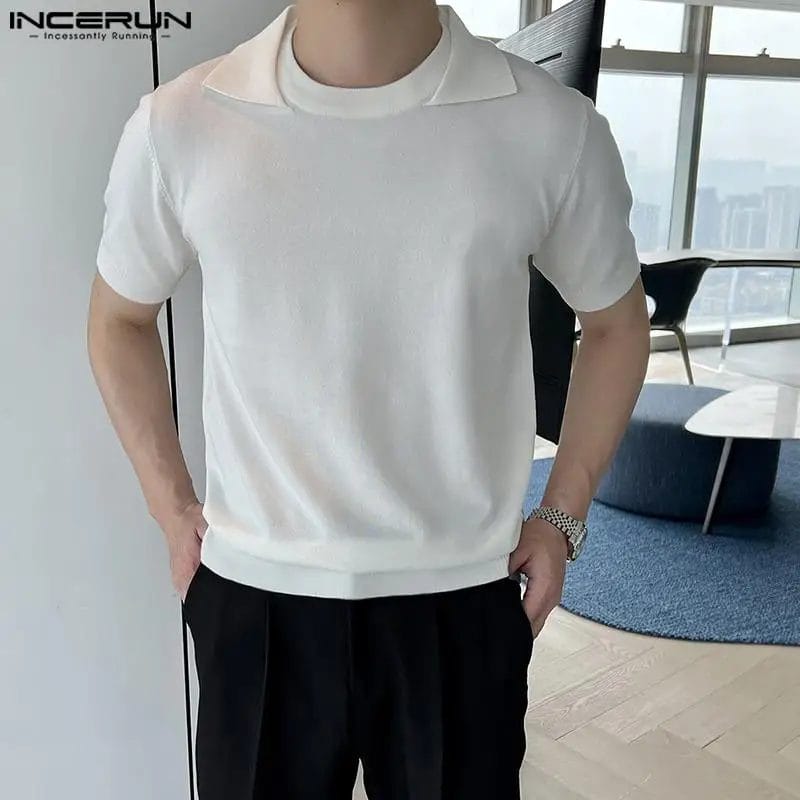 2023 Men T Shirts Solid Color Lapel Short Sleeve Summer Casual Men Clothing Streetwear Korean Leisure Tee Tops S-5XL INCERUN 1