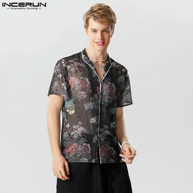 INCERUN Men Shirt Printing Vintage Mesh Transparent Stand Collar Short Sleeve Men Clothing Streetwear Summer 2024 Camisas S-5XL 1