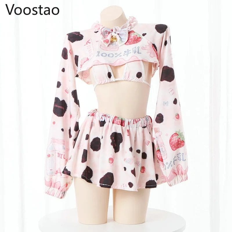 Sweet Lolita Milk Strawberry Cropped Tops Mini Skirts Set Cosplay Maid Uniform Suit Girl Sexy Lingerie Nightdress Cow Pajamas 1