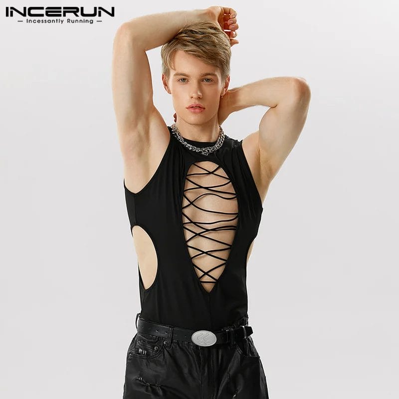 2023 Men Bodysuits Solid Color Hollow Out Sexy O-neck Sleeveless Male Rompers Tank Tops Backless Summer Fashion Bodysuit INCERUN 1
