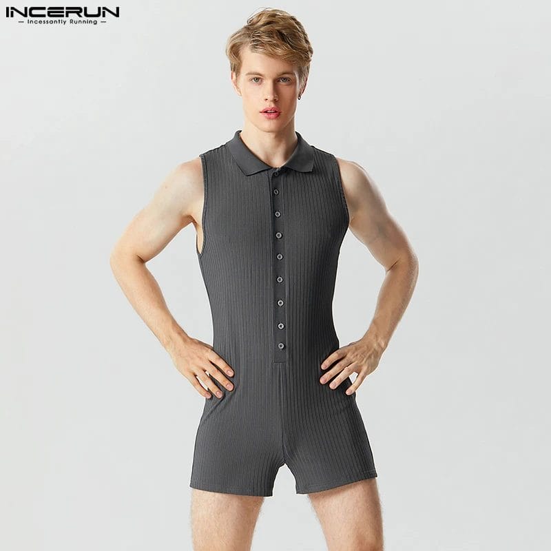 2023 Men Rompers Pajamas Solid Color Striped Homewear Lapel Short Sleeve Fashion Male Bodysuits Fitness Jumpsuits S-5XL INCERUN 1