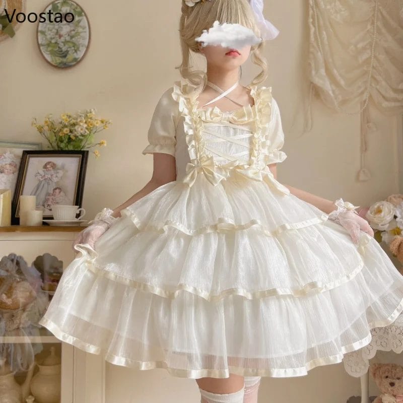 Sweet Lolita Princess Dress Vintage Victorian Women Elegant Ruffles Bow Wedding Dresses Girly Kawaii Puff Sleeve Party Vestidos 1