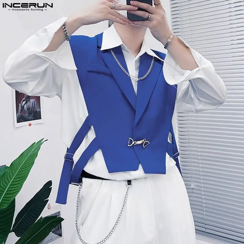 INCERUN Men Vests Solid Button Sleeveless Lapel Hollow Out Crop Waistcoats 2023 Streetwear Fashion Male Irregular Vests S-5XL 1