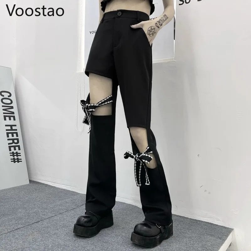 Gothic High Waist Hollow Out Bow Bandage Pants Women Casual Fashion Straight Wide Leg Pants Female Harajuku Y2K Punk Trousers 1