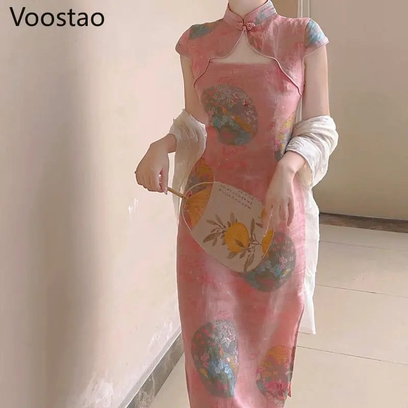 Summer Chinese Style Women Sweet Floral Cheongsam Dress Traditional Elegant Retro Sexy Hollow Out Evening Party Qipao Dresses 1