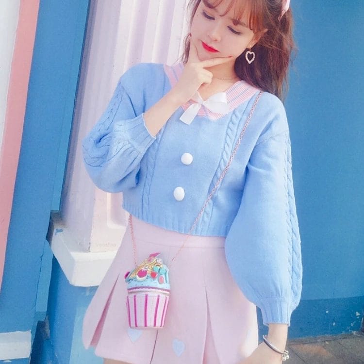 Korean Sweet Lolita Women V-Neck Knitted Pullovers Vintage Loose Jumper Cute Bow Japanese Girls Preppy Style Sweater Crop Tops 1