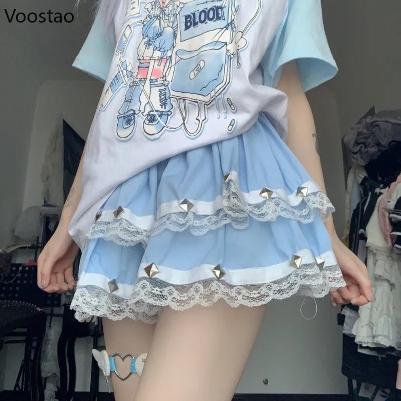 Y2k Aesthetic Gothic Lolita Style Skirt Women Harajuku Casual Rivet Lace Mesh Ruffles Party Skirts Girls Cute Punk Tiered Skirt 1