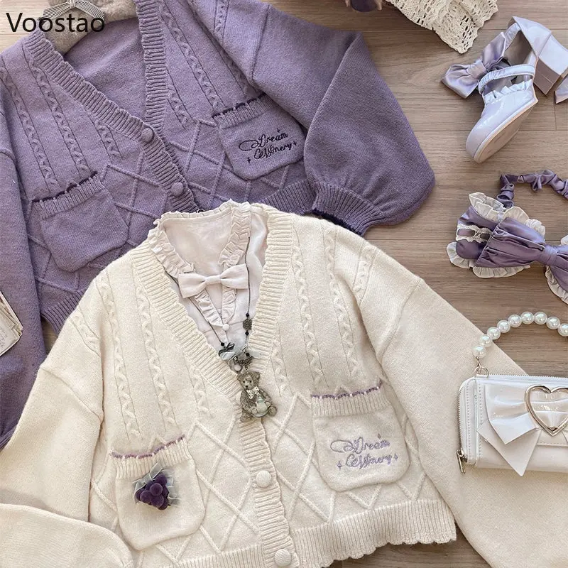 Spring Autumn Vintage Lolita Knitted Cardigan Women Kawaii Purple Grape Manor Embroidery Loose Sweater Girl Sweet Knitwear Coat 1