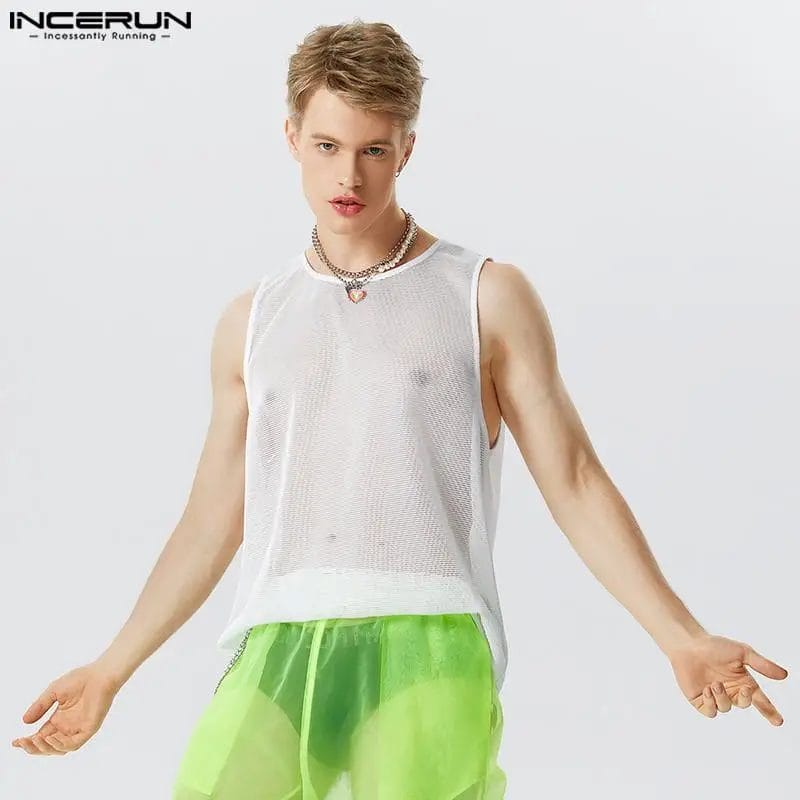 INCERUN Men Tank Tops Mesh Transparent O-neck Sleeveless Loose 2024 Men Clothing Streetwear Summer Solid Sexy Casual Vests S-5XL 1