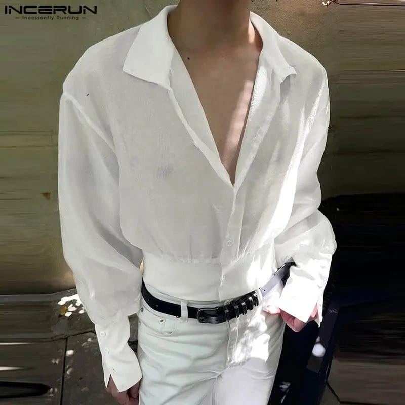 Men Shirt Solid Color Lapel Long Sleeve Transparent Fashion Thin Shirts 2023 Streetwear Loose Casual Men Clothing S-5XL INCERUN 1