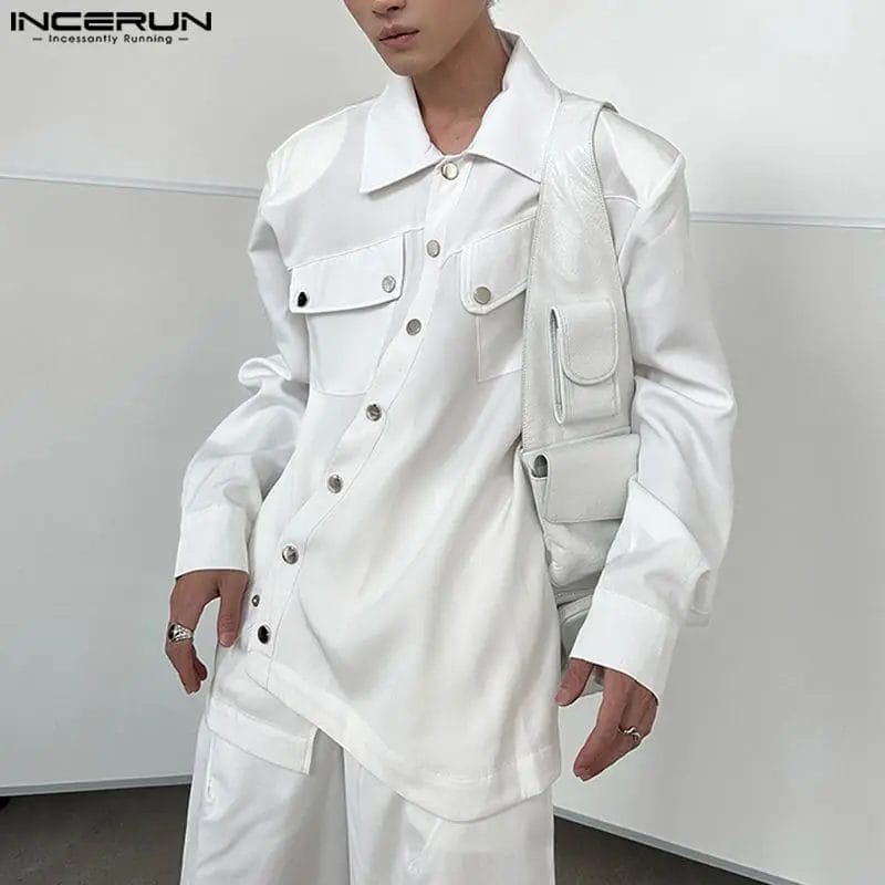 2023 Men Irregular Shirt Solid Color Lapel Long Sleeve Button Korean Streetwear Casual Men Clothing Fashion Shirts S-5XL INCERUN 1