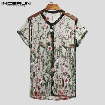2023 Fashion Men Mesh Shirts Embroidered Short Sleeve Sexy See Through Tops Button Breathable Party Nightclub Shirts INCERUN 5XL 2