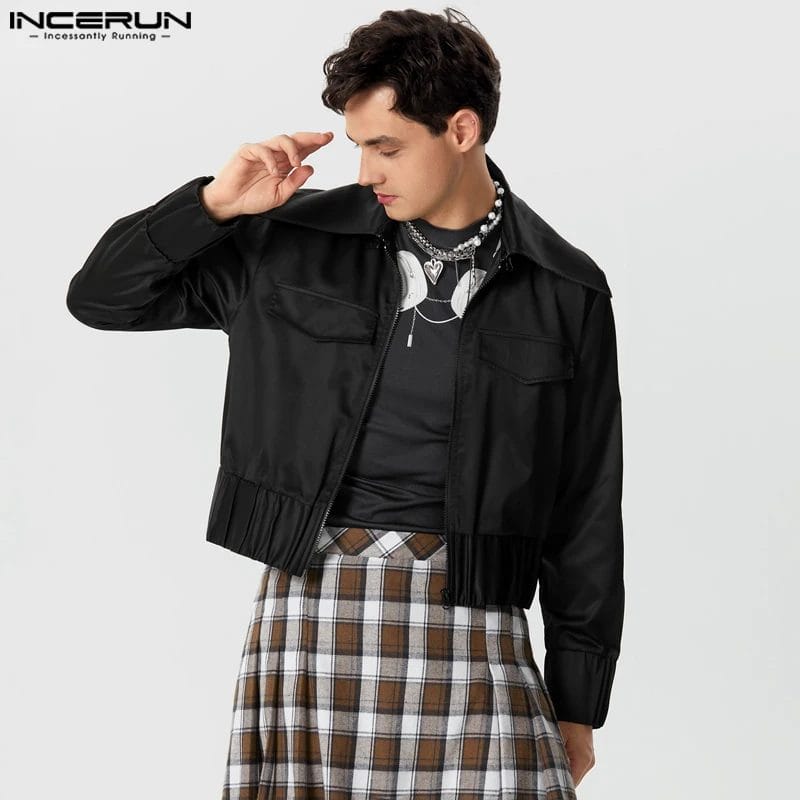 2023 Men Jackets Solid Color Lapel Long Sleeve Zipper Autumn Casual Male Crop Coats Streetwear Fashion Jackets S-5XL INCERUN 1
