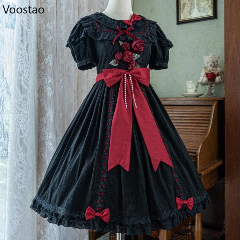 Victorian Gothic Y2k Lolita Op Dress Women Elegant Vintage Lace Bow Rose Princess Tea Party Dresses Female Sweet Fairy Vestidos 1