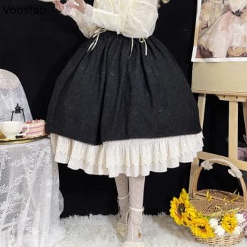 Vintage Victorian Lolita Midi Skirt Women Elegant Lace Patchwork Ruffles Evening Party Skirts Female Gothic Y2k Bandage Falda 2