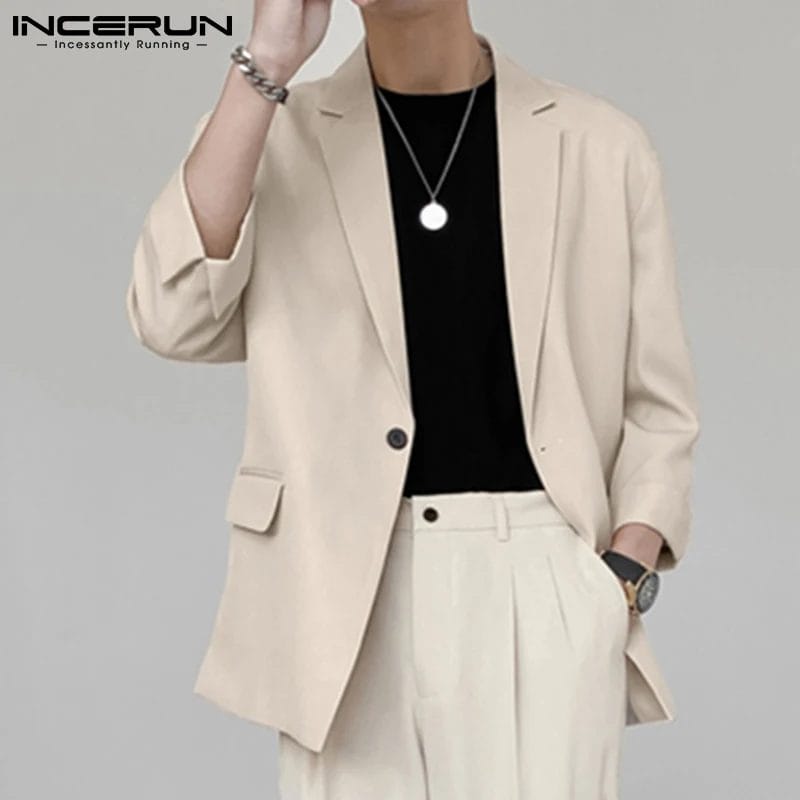 INCERUN Fashion Men Blazer Streetwear Solid Color Lapel 3/4 Sleeve One Button Leisure Suits Men 2023 Casual Thin Jackets S-5XL 1