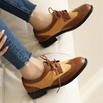 Round Toe Woman Shoes Lace-Up Bullock Carving Loafers Low Heel Chunky Ladies British Style Oxfords Flats Zapatos Mujer Brown 4