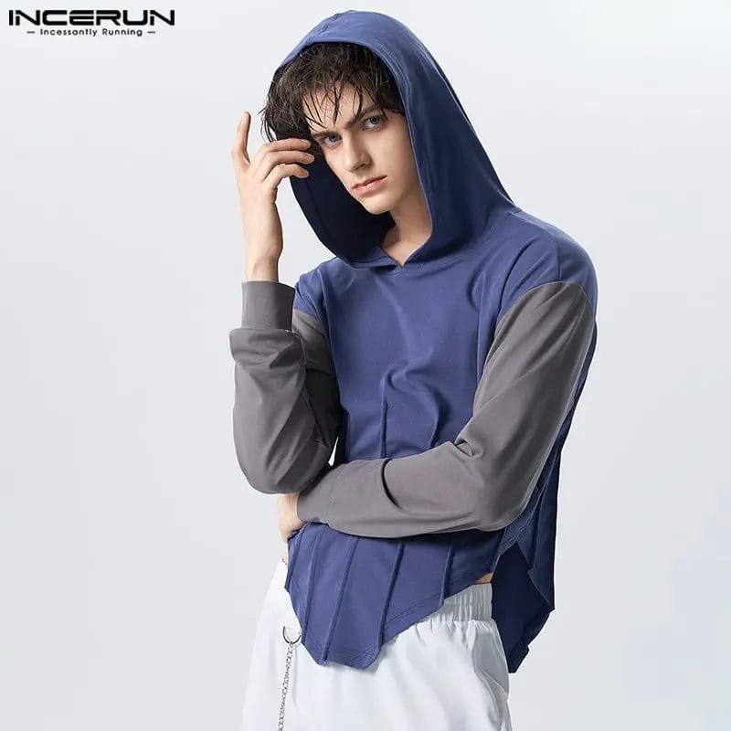 INCERUN Men Hoodies Patchwork Hooded Long Sleeve Loose Autumn Casual Pullovers Streetwear 2024 Cozy Stylish Irregular Sweatshirt 1