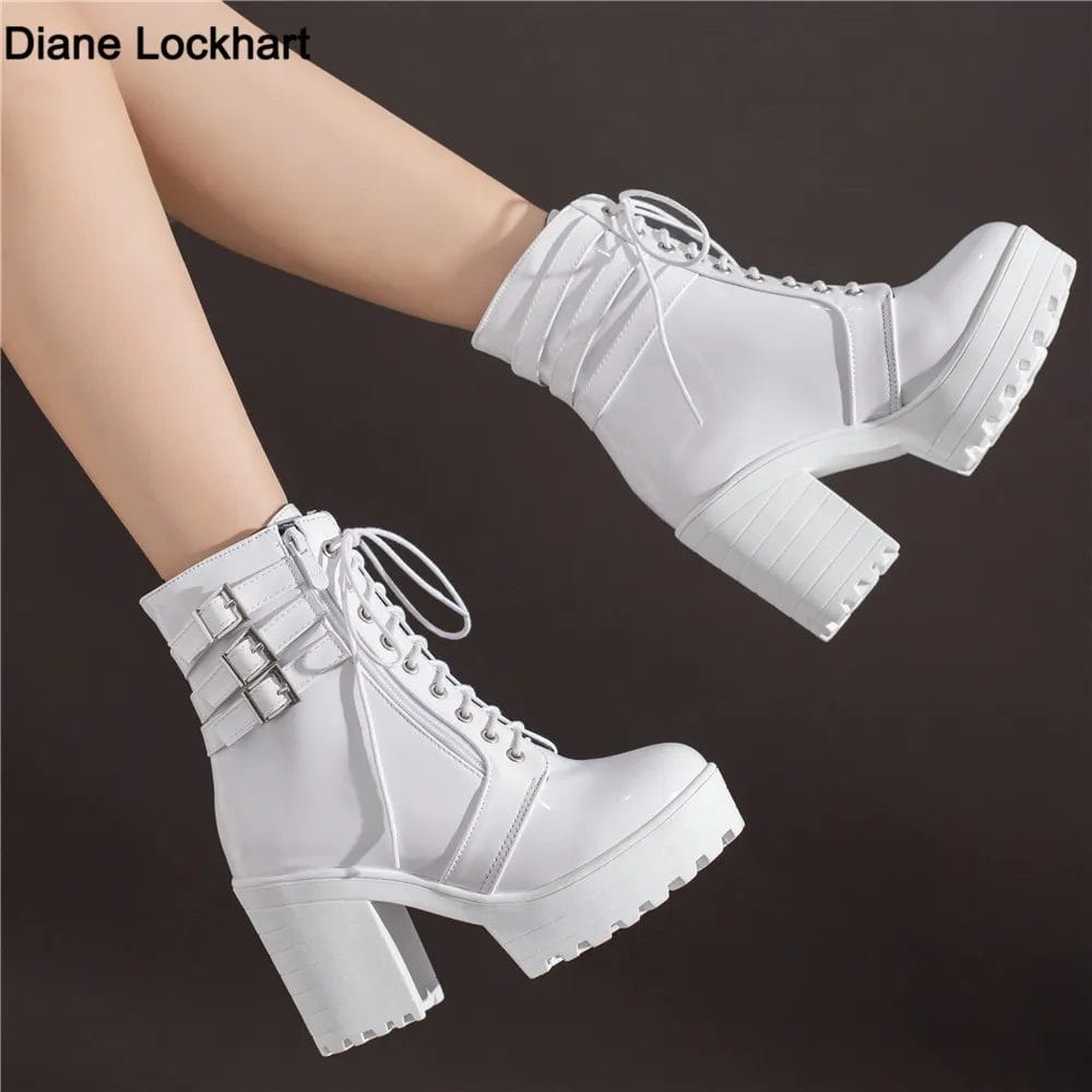 Shoes Women Motorcycle Boots Autumn Winter Ladies Boot 2023 Stylish Lady Ankle Boots High Heel Platforms Sexy Botas Buckle White 1