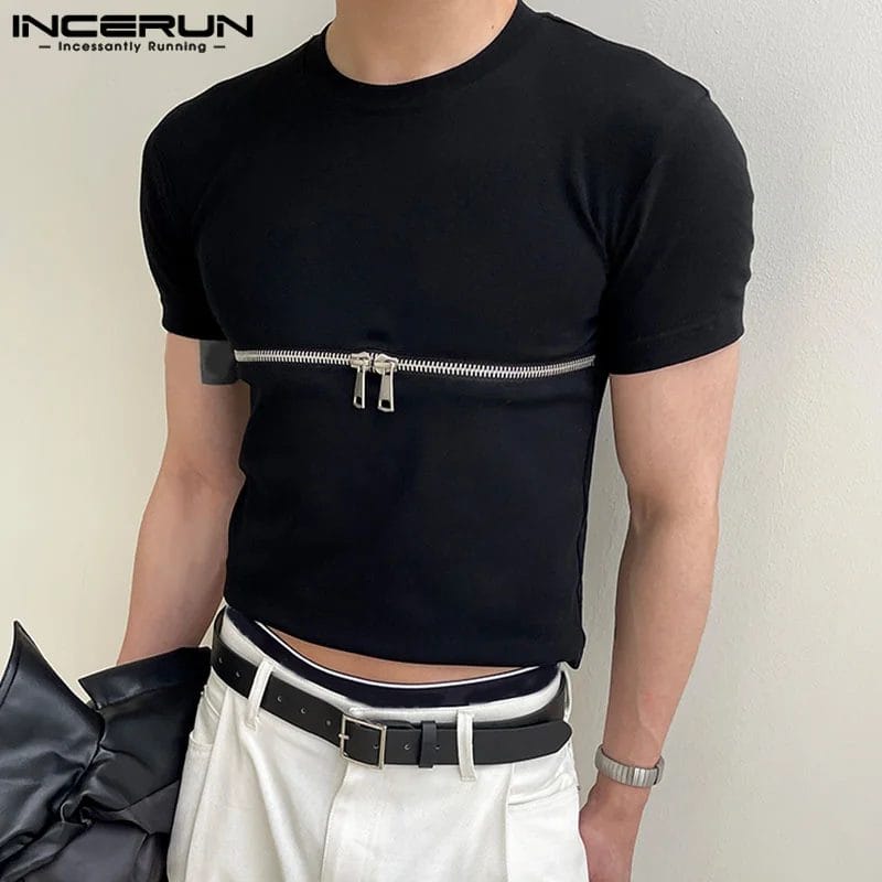 INCERUN Fashion Men T Shirt Zipper Solid Color Fitenss O-neck Summer Short Sleeve Men Clothing 2023 Streetwear Casual Crop Tops 1
