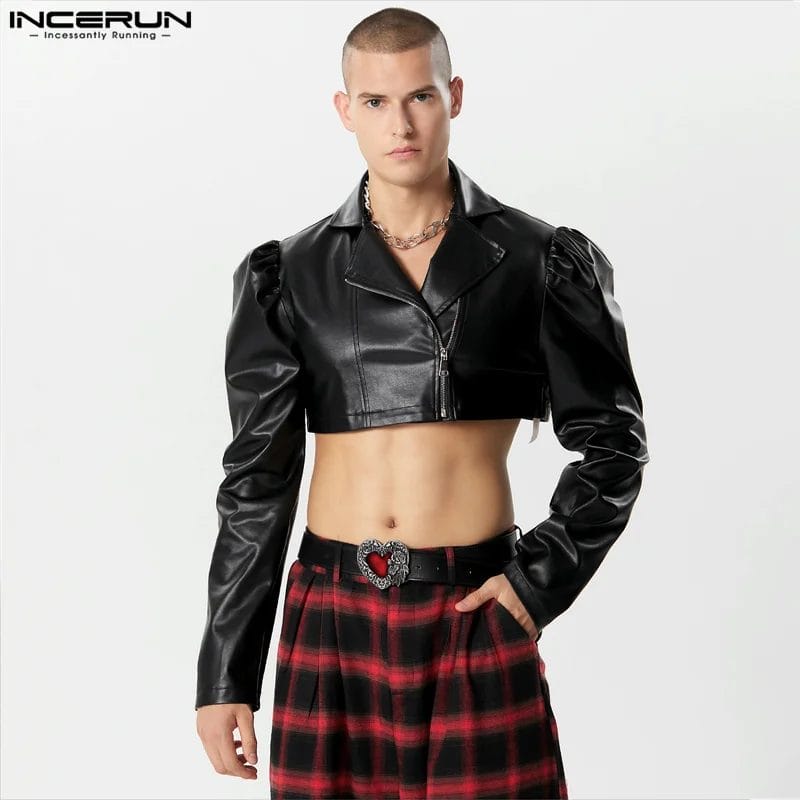 INCERUN Men Jackets Solid Color PU Leather Lapel Long Sleeve Zipper Streetwear Male Crop Coats Punk 2023 Fashion Casual Jackets 1