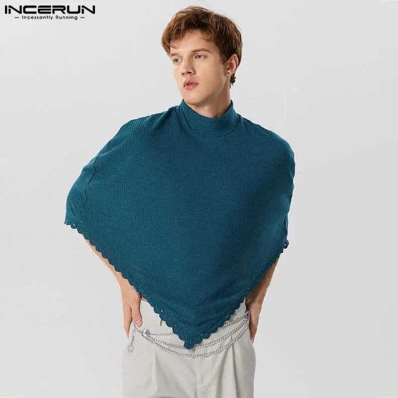 2023 Men Irregular Sweater Knitted Solid Color Turtleneck Streetwear Male Cloak Ponchos Fashion Casual Pullovers S-5XL INCERUN 1