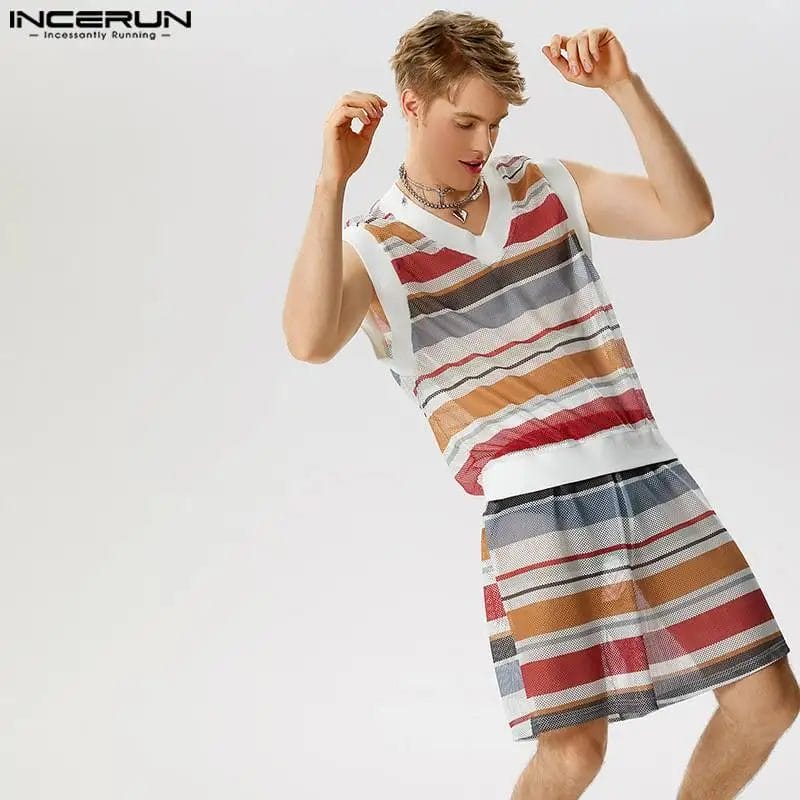 INCERUN Men Striped Sets Mesh Transparent Streetwear V Neck Sleeveless Tank Tops & Shorts 2PCS 2023 Fashion Casual Men's Suits 1