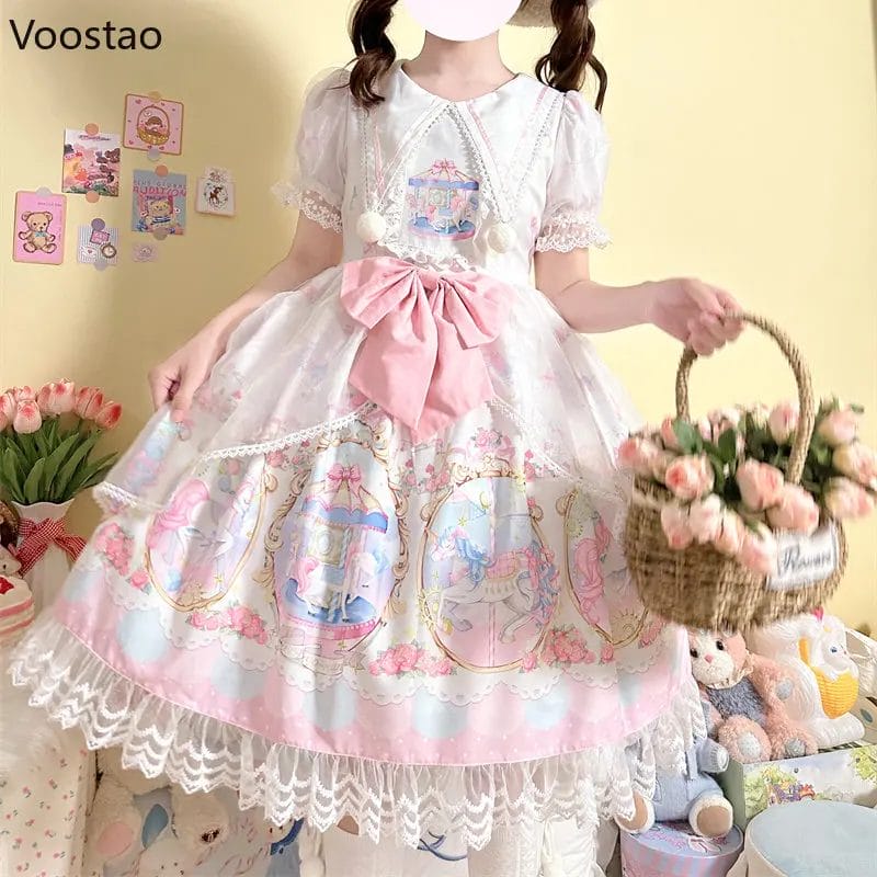 Sweet Lolita OP Dress Amusement Park Print Girls Japanese Kawaii Lace Puff Sleeve Bow Party Dresses Cute Mesh Princess Dress 1