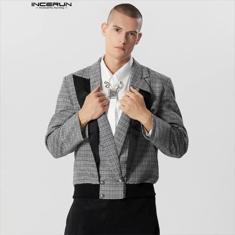Men Blazer Plaid Patchwork Lapel Long Sleeve Loose Double Breasted Casual Suits Men Streetwear 2023 Fashion Coats S-5XL INCERUN 1