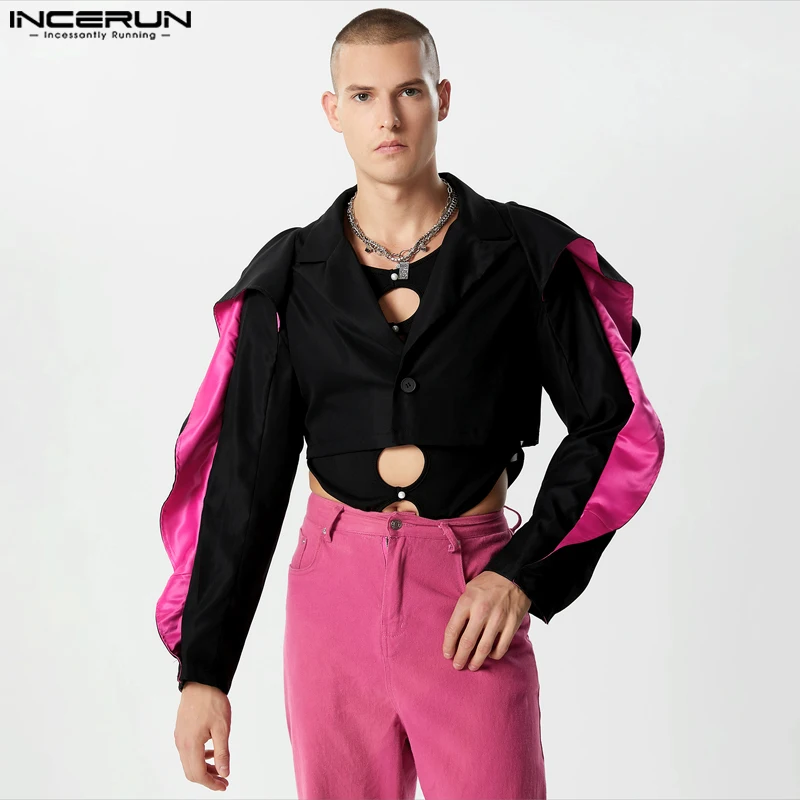 2023 Men Blazer Patchwork Lapel Long Sleeve One Button Fashion Crop Coats Streetwear Personality Casual Suits Men S-5XL INCERUN 1