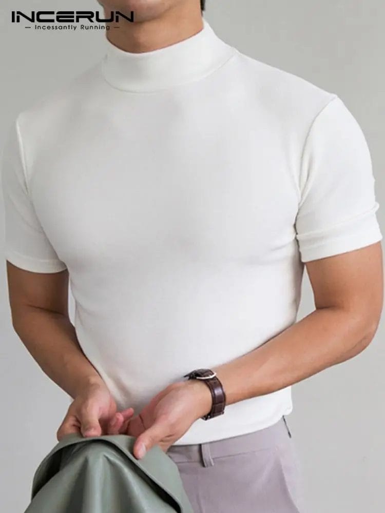 INCERUN Men Thin T Shirt Solid Color Turtleneck Short Sleeve Streetwear Fitness Casual Men Clothing 2023 Leisure Camisetas S-5XL 1