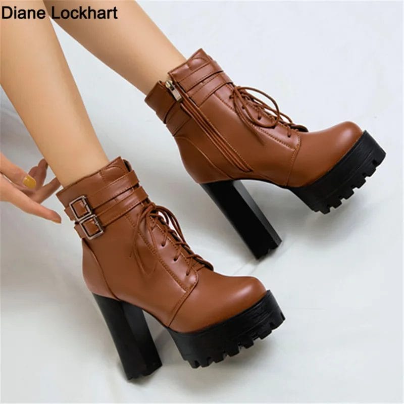 Brand Fashion 11CM Thick Heel Women Platform Round Toe Short Booties High Heel Lace-Up Buckle Ankle Boots Size 32-43 Autumn NEW 1