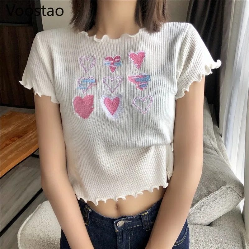 Japanese Sweet O-Neck T-Shirts Summer Women Cute Love Heart Embroidery Knitted Thin Tees Girly Harajuku Kawaii Ruffles Crop Tops 1