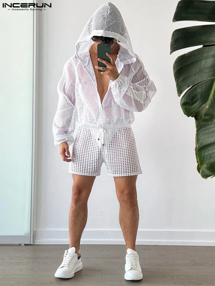 2023 Men Mesh Sets Transparent Streetwear Vacation Hooded Long Sleeve Zipper Outerwear & Shorts 2PCS Men Casual Suits INCERUN 1