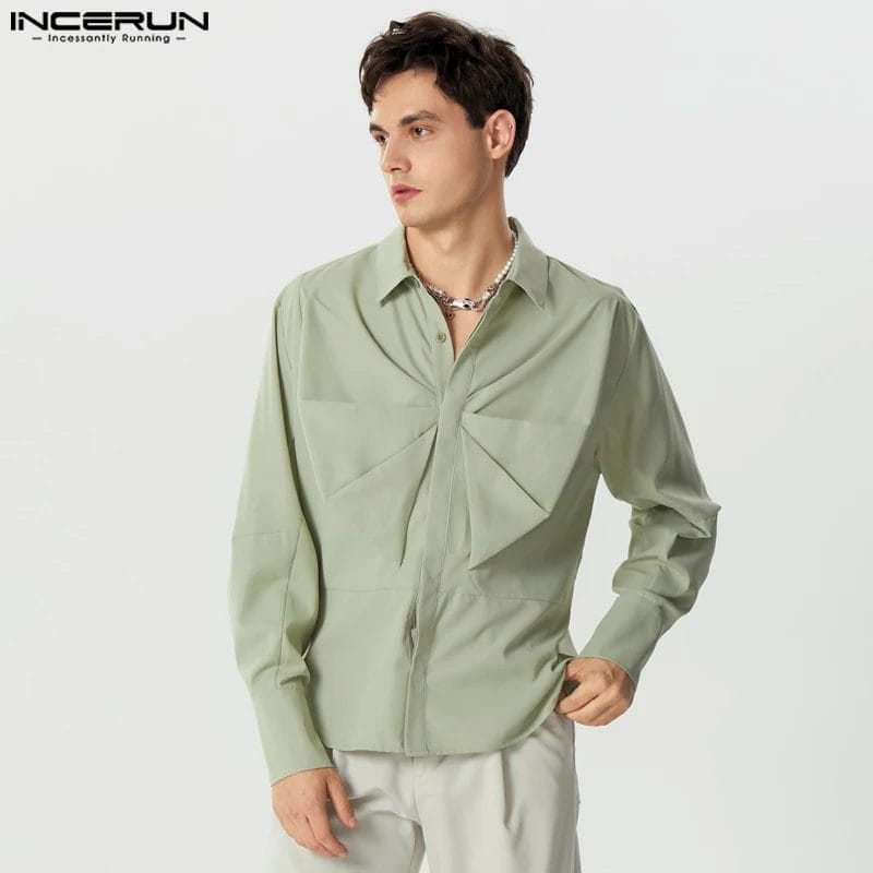 INCERUN Men Shirts Solid Color Lapel Long Sleeve Button Pleated Casual Men Clothing Streetwear 2023 Fashion Leisure Camisa S-5XL 1