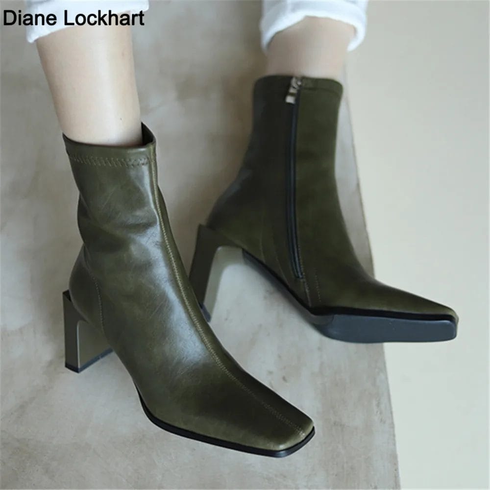 2022 New Spring Autumn Cow Leather Retro Square Toe Zipper High heels Ankle Boots Square Heel All Match Women Shoes Green 33-40 1