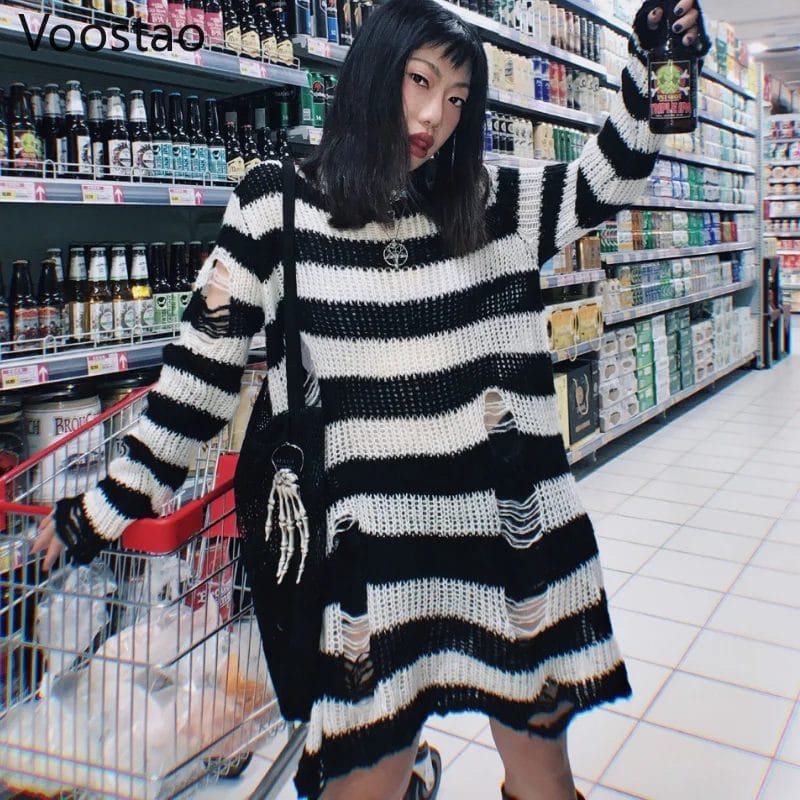 Gothic Striped Knitted Sweater Jumper Women Streetwear Punk Loose Hole Hollow Out Long Pullover Harajuku Chic Y2K Knitwear Mujer 1