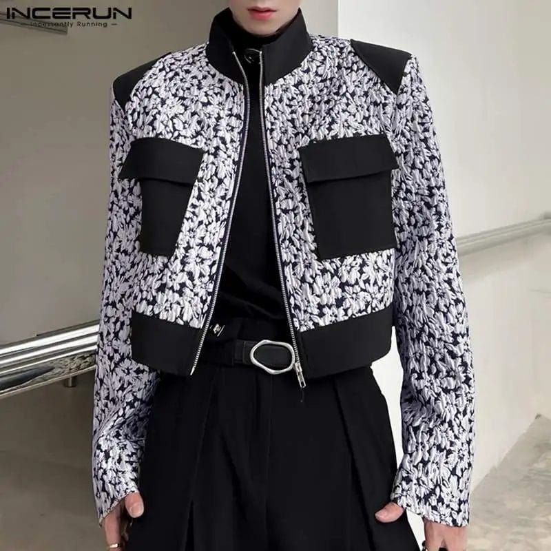 Men Jackets Print Patchwork Stand Collar Long Sleeve Streetwear Crop Coats Men Zipper Autumn 2023 Fashion Casual Jackets INCERUN 1