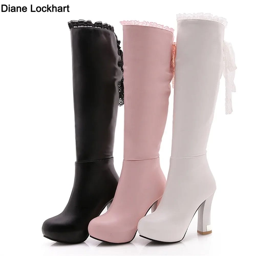 2024 Spring Autumn Knee High Boots Women Fashion Square Heel Zipper Lace Long Boots Woman Leather Shoes Winter White Pink Black 1