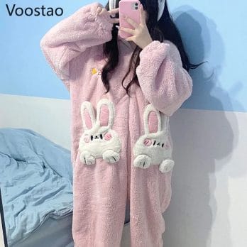 Autumn Winter Women Cute Onesies Pajamas Coral Fleece Warm Cartoon Rabbit Ears Hooded Sleepwear Girls Sweet Home Clothes Pyjamas 3