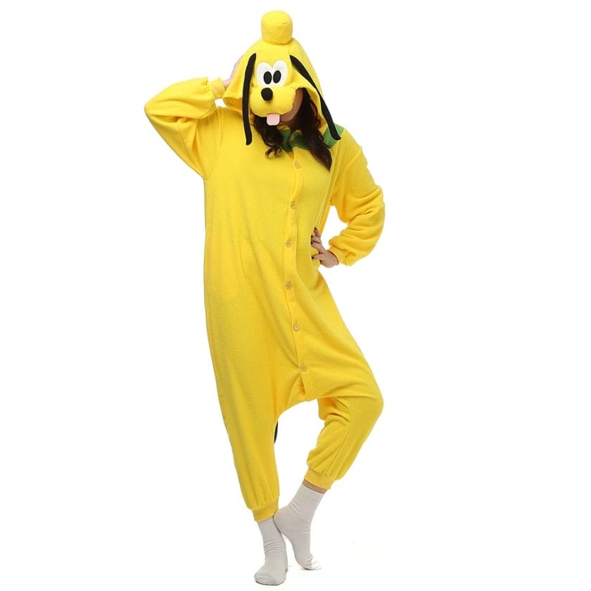 Adults Polar Fleece Animal Kigurumi Yellow Dog Pluto Costume Women Onesies Pajama Men Halloween Carnival Party Christmas Romper 1