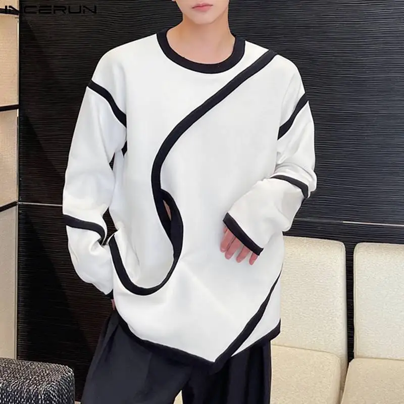 Men T Shirt Patchwork O-neck Long Sleeve Loose Korean Hollow Out Casual Irregular Tee Tops Streetwear 2023 Men Clothing INCERUN 1