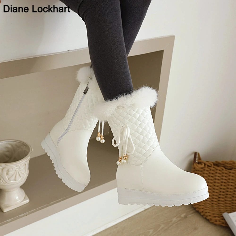 Fashion White Ladies Height Lncreasing Platform Fur Snow Boots Women Zip Bow Shoes Woman Casual Winter Plush Warm Ankle Boots 1
