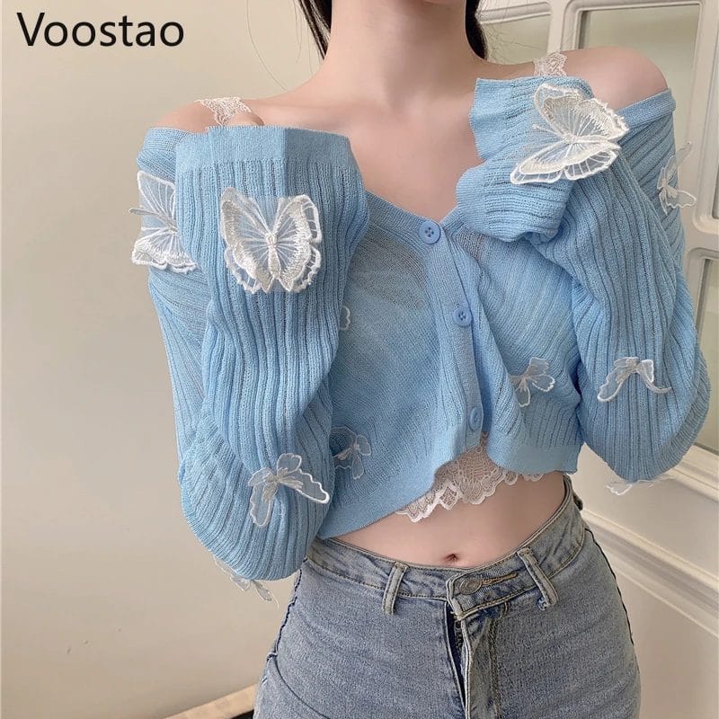 Sweet Butterfly Knitted Cardigan Women Korean Sexy V-Neck Crop Tops Ladies Spring Summer Thin Long Sleeve Sunscreen Outerwear 1